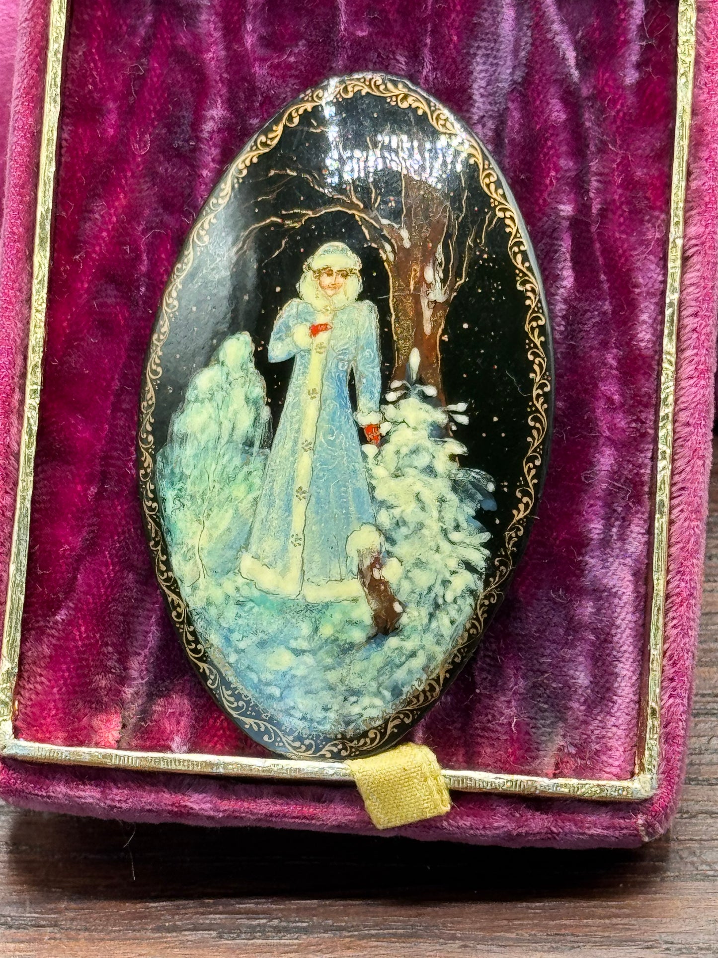 Vintage Brooch Russian Hand Painted Lacquer Winter Scene SOVAK 2.5” x 1.5”