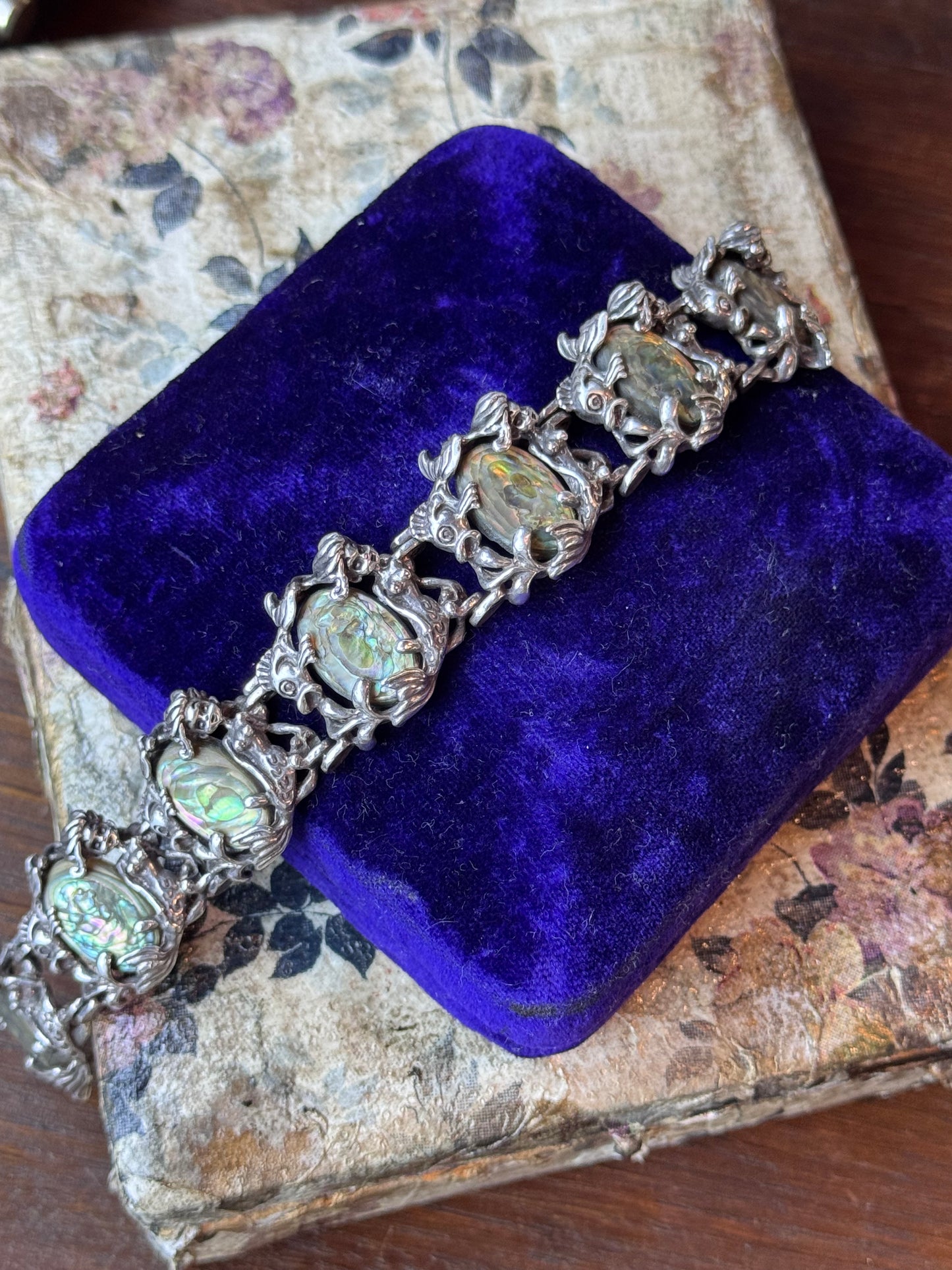 Vintage Sterling Mermaid Abalone Bracelet Fish Clasp 6.5” Art Nouveau Style