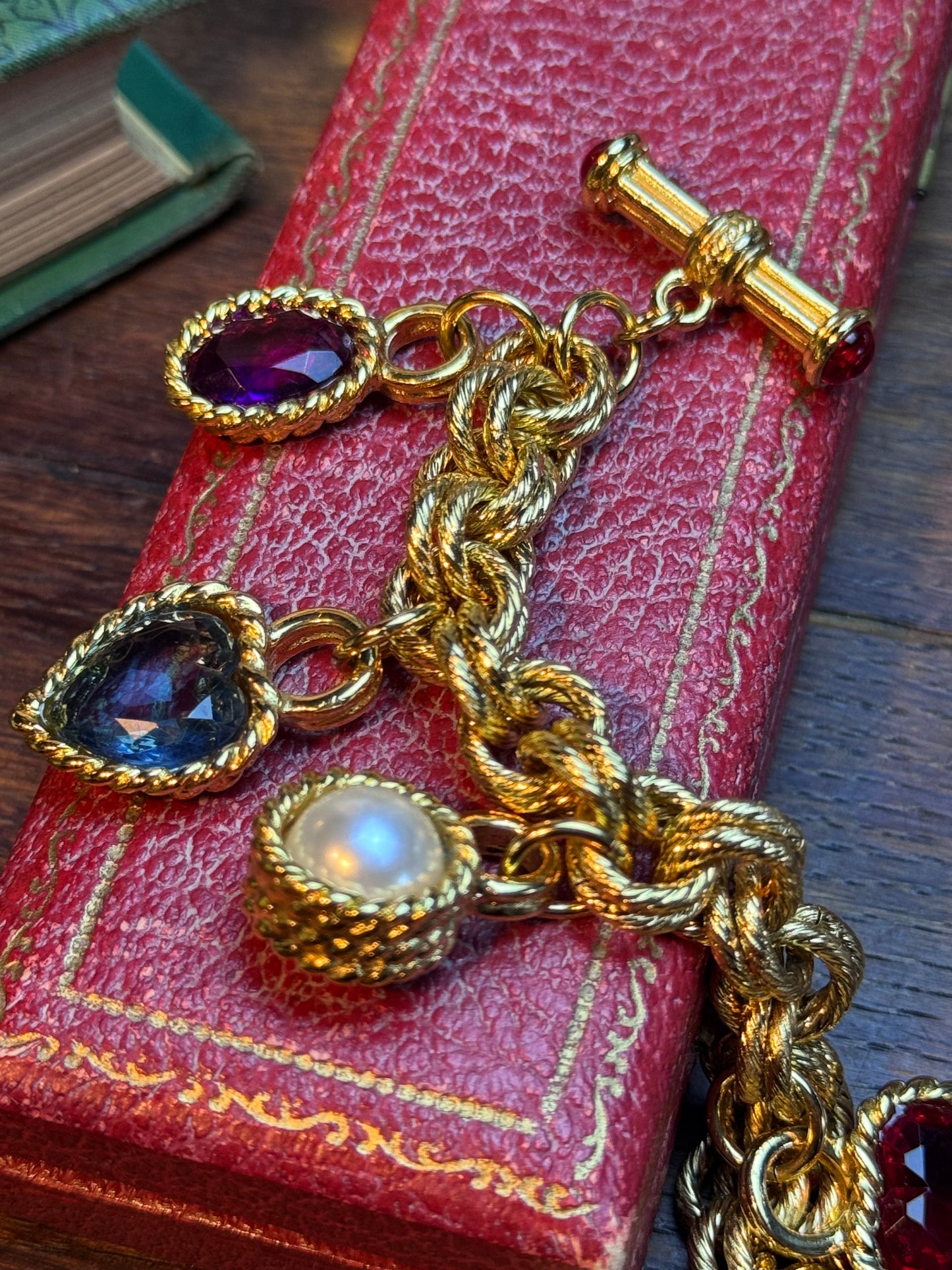 1980s Vintage Charm Bracelet Chunky “Givenchy” Attributed Unsigned Gold Tone Designer Style 6.5” with 7 Charms