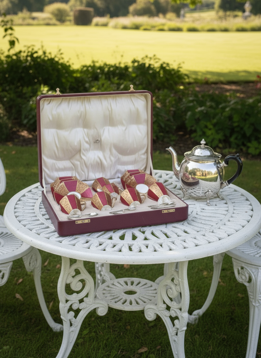 Traveling Picnic Boxed Tea Set Sterling Spoons Mappin & Webb & Royal Doulton