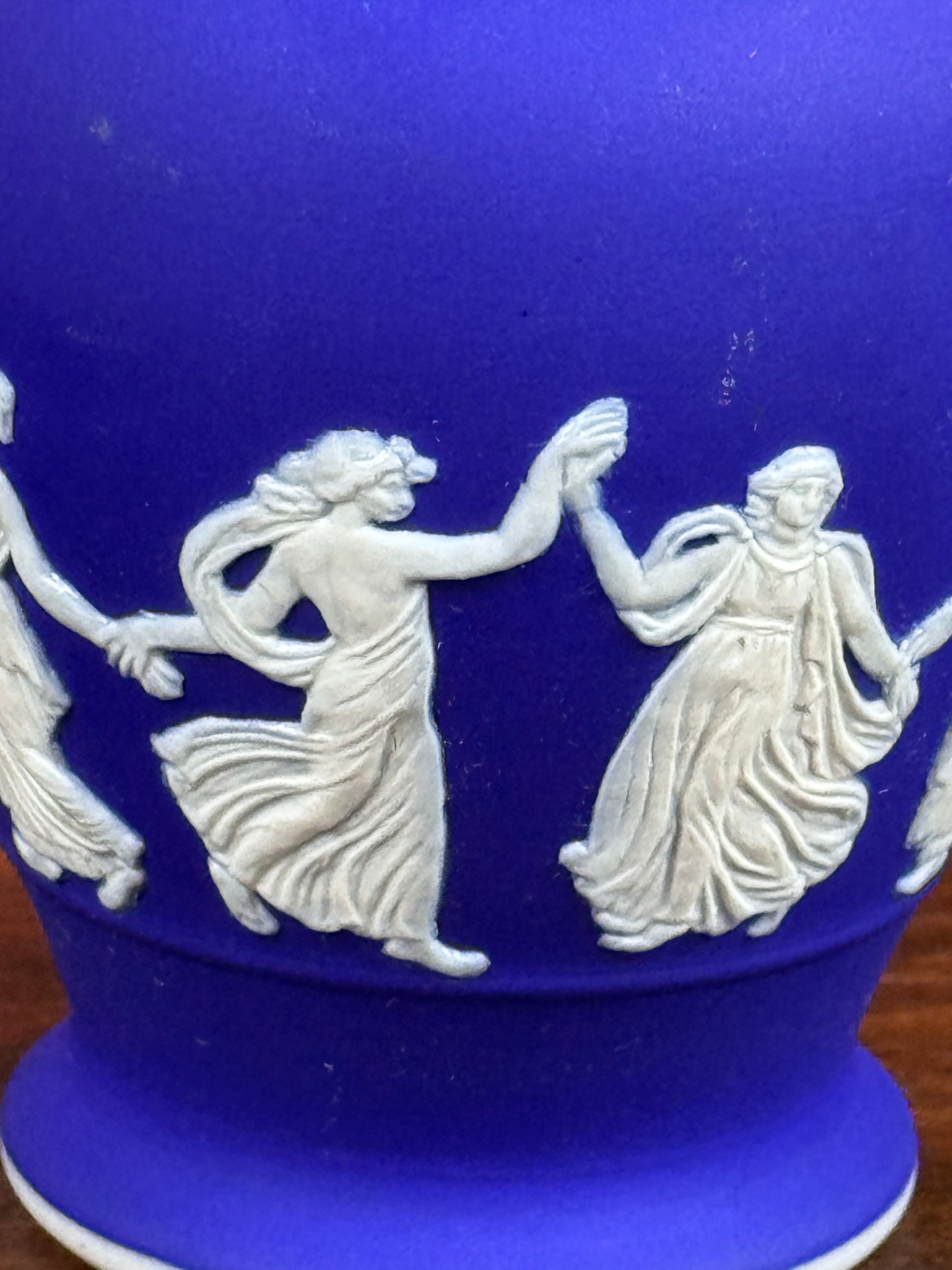 Vintage Dudson Hanley Jasper Ware Pitcher Jug Cobalt Blue Dancing Figures 5.5”