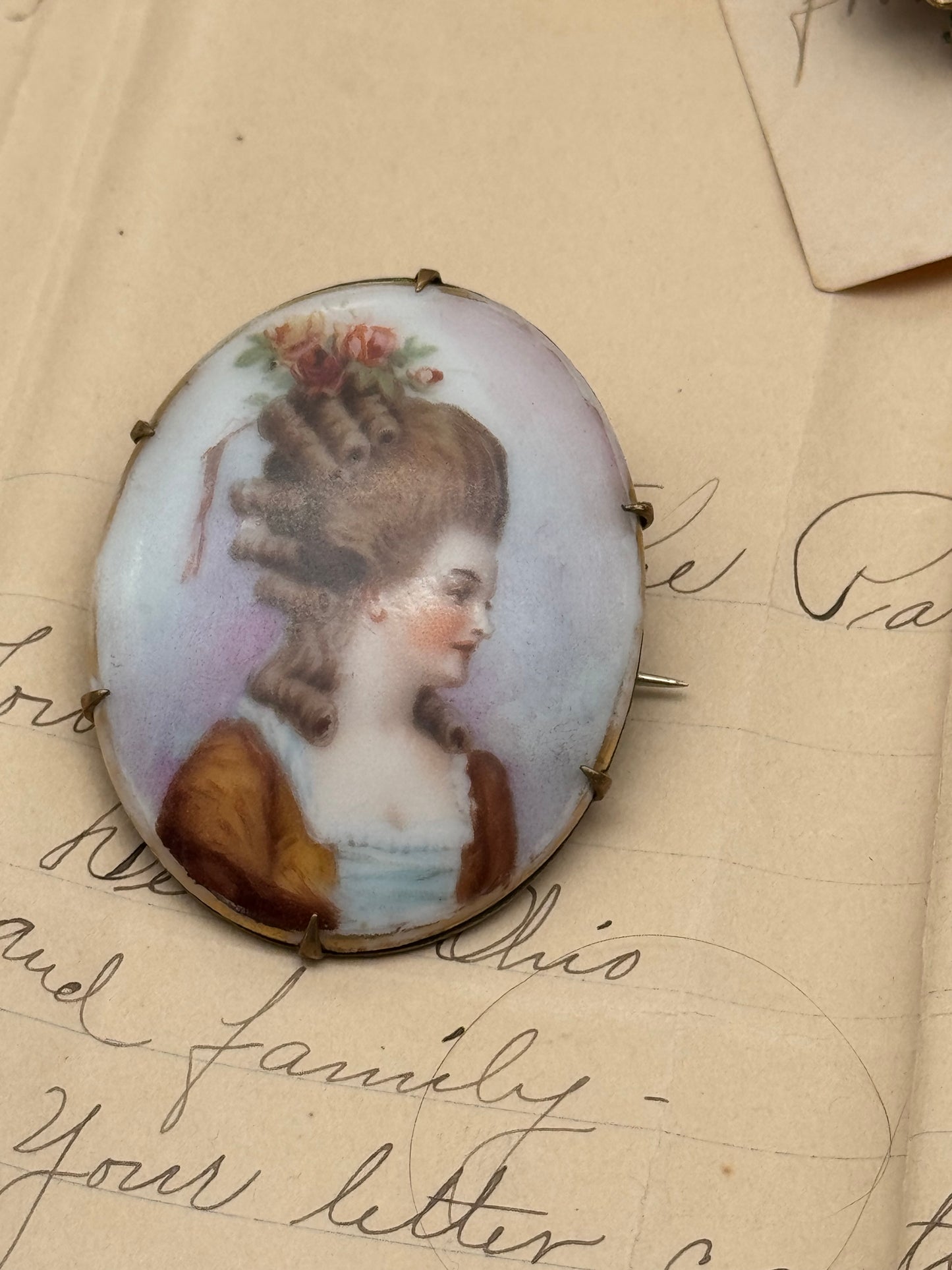 Antique French Style Miniature Brooch Porcelain Lady Roses In Hair