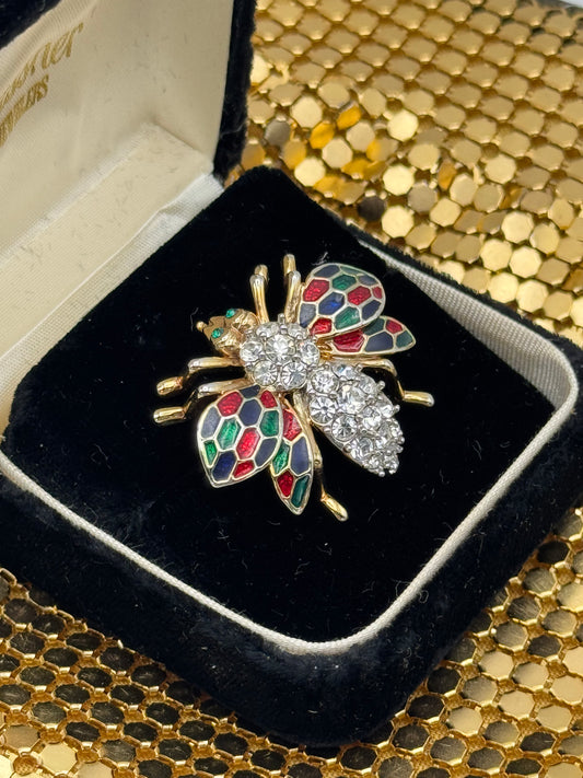 Vintage Bee Brooch Clear Rhinestone Enamel Red Blue Green Goldtone Ca. 1.38”