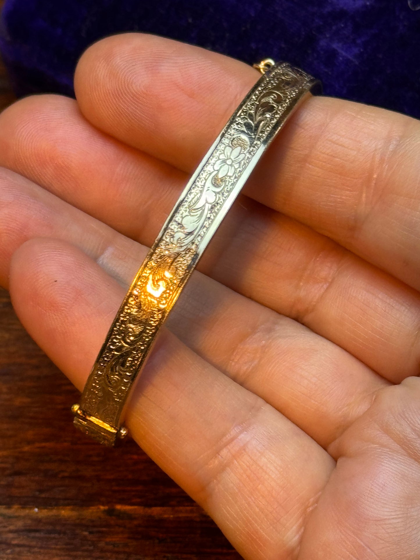 Antique Gold Filled Hinged Bangle Bracelet Safety Chain Engraved 6.5”
