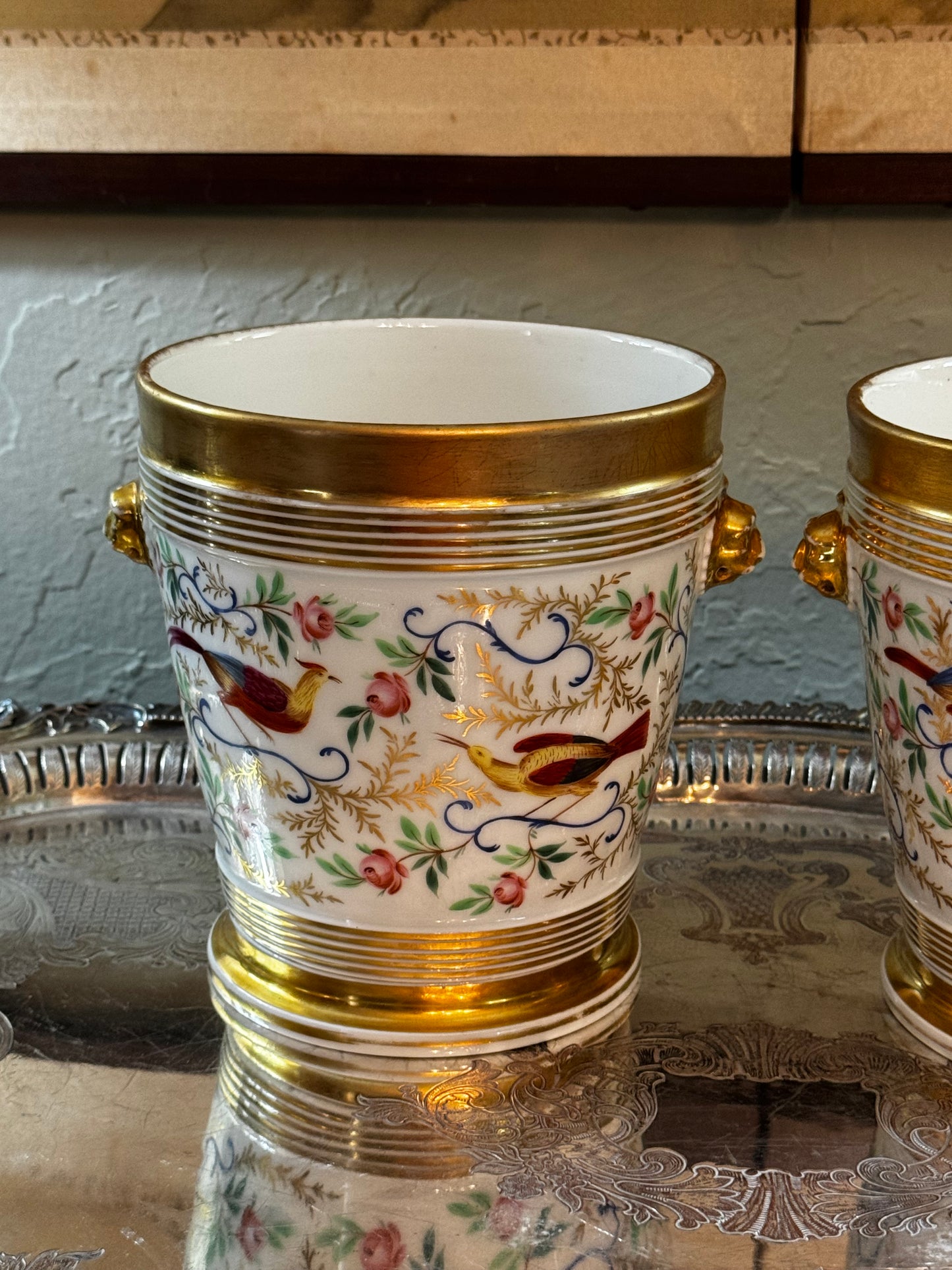 Antique Paris Porcelain Cachepot Planter Pair Hand Painted Bird Motif 19th Century