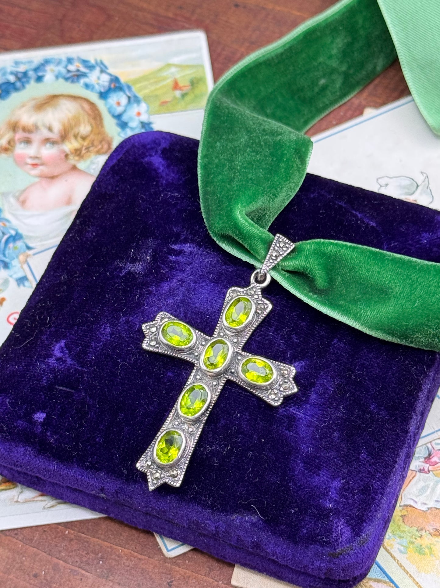 Vintage Sterling Silver Cross Pendant Peridot Green Stones 2.25” Statement Necklace