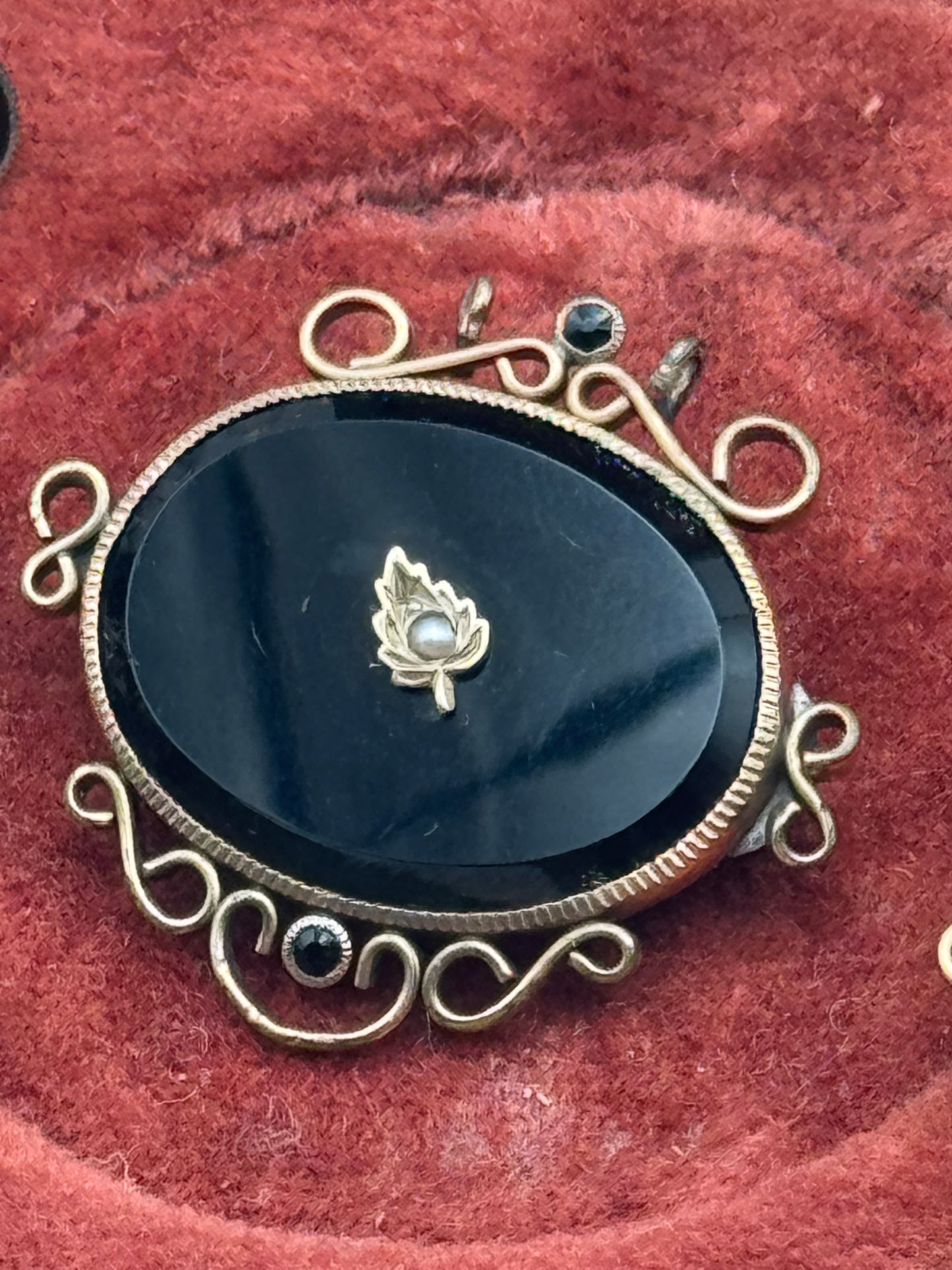 Victorian Gold-Filled Onyx & Seed Pearl Brooch & Earrings Set - Mourning