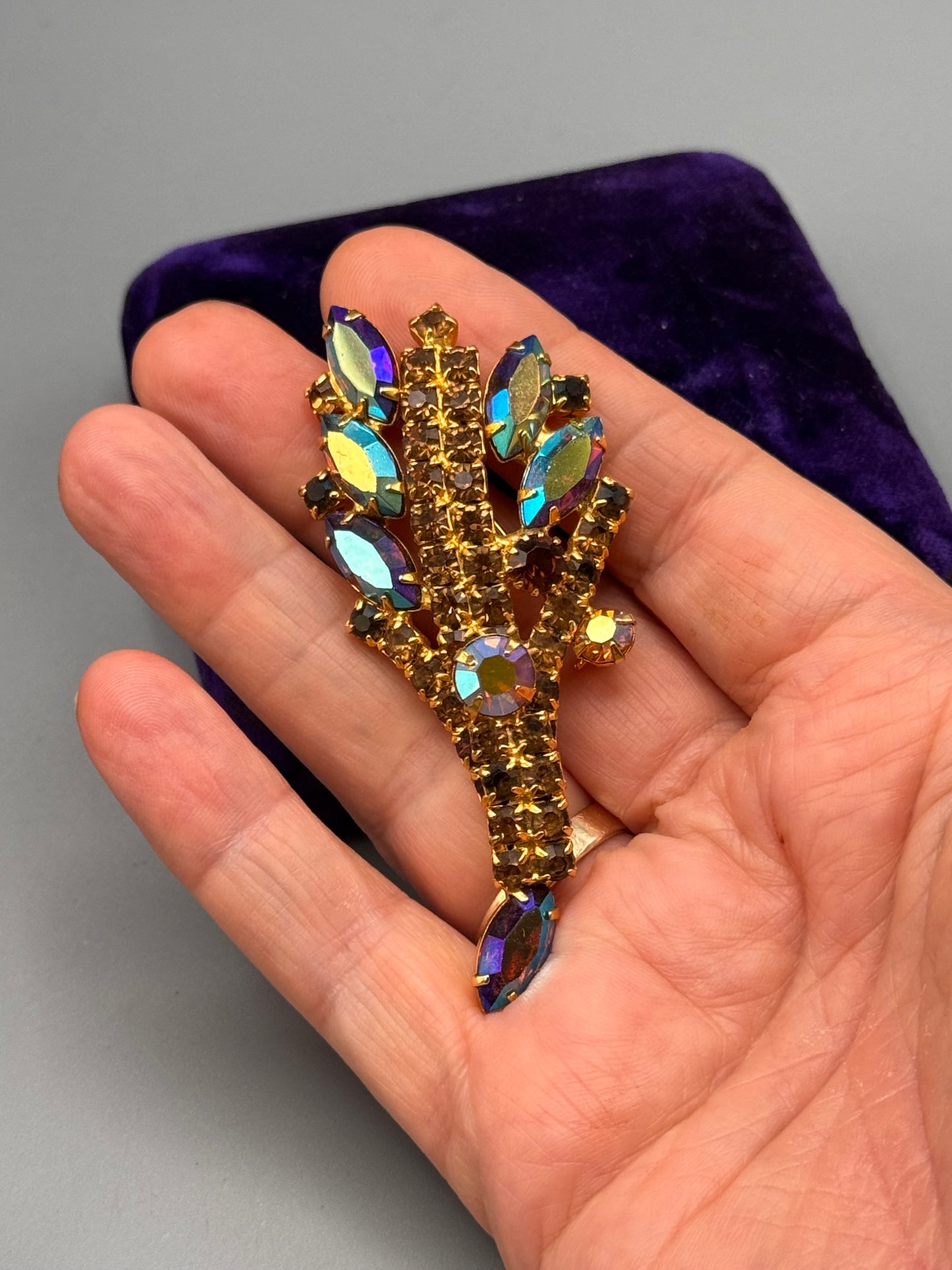 Vintage AB Rhinestone Brooch Goldtone Floral Spray Statement Pin 4” Large