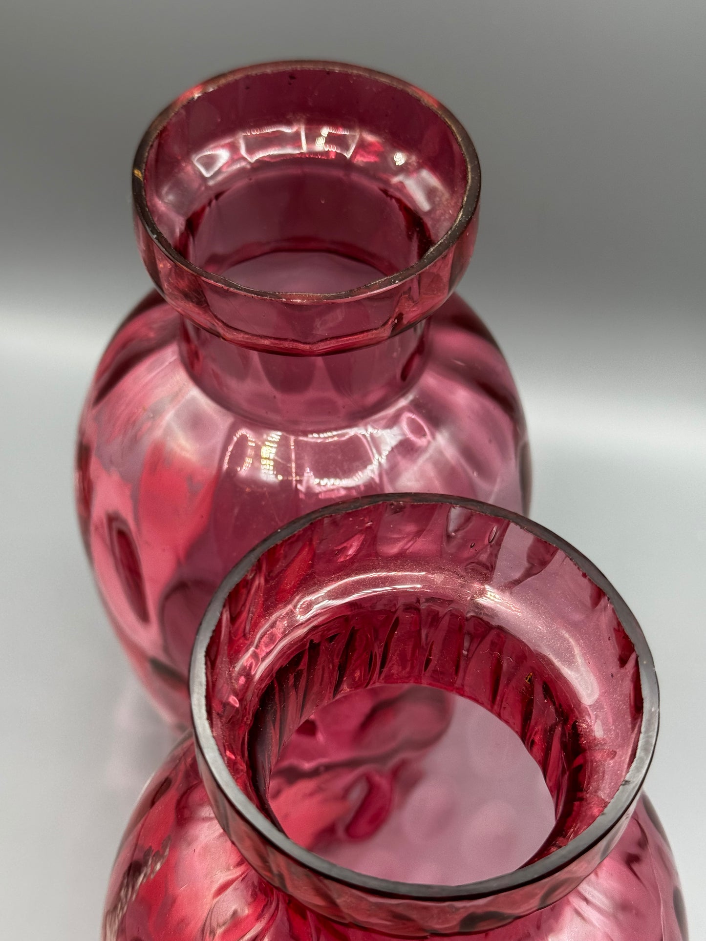 Vintage Pair Mary Gregory Style Cranberry Glass Vases Boy & Girl 10.5”