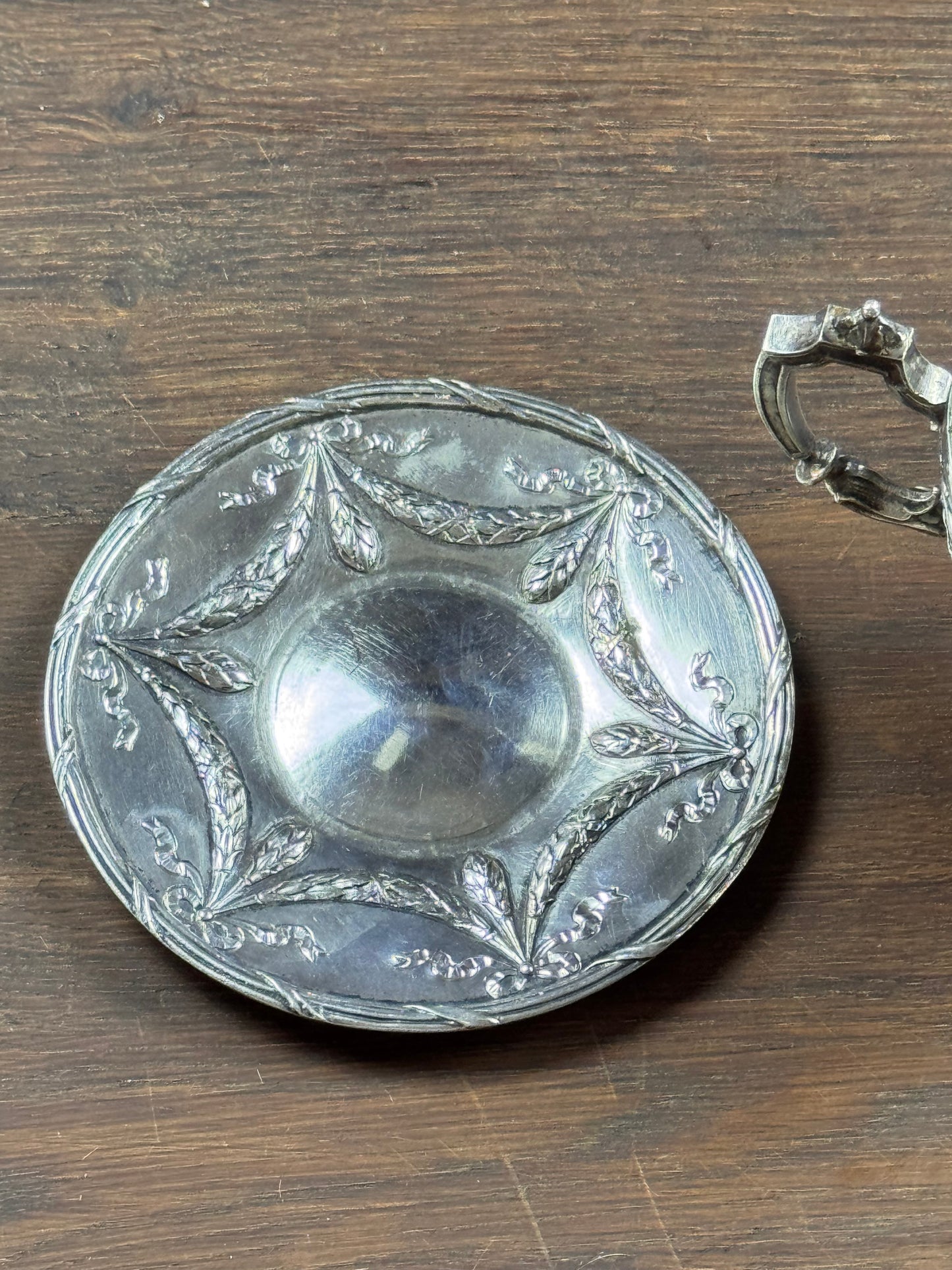 Vintage Silverplate Demitasse Cup & Saucer Cameo Repousse Pseudo Hallmark