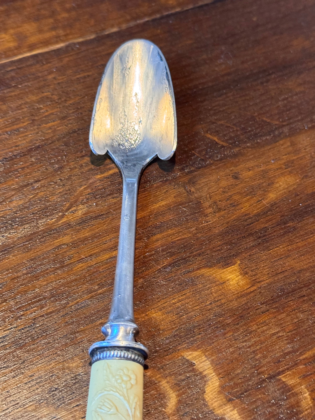 Antique Stilton Cheese Scoop Celluloid Floral Handle Silver Plate Serving Utensil