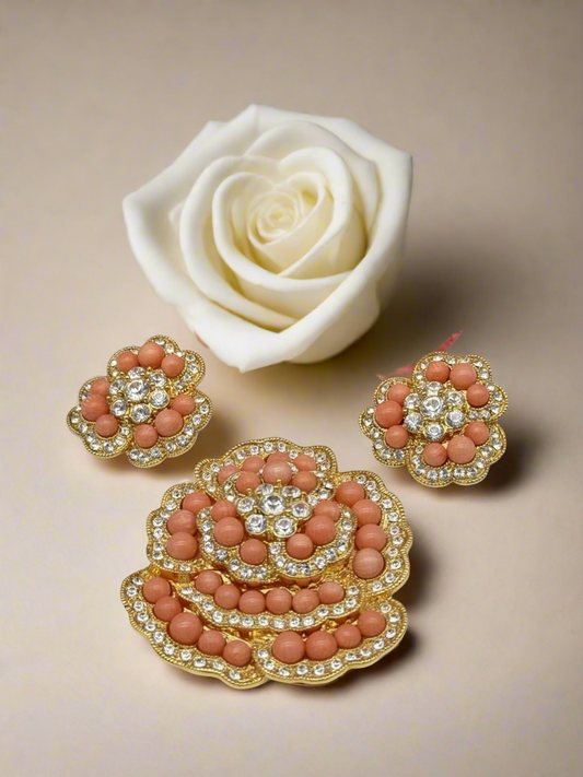 CAMROSE & KROSS Jackie Kennedy Jewelry Set Faux Coral Brooch Earrings JBK Estate Find