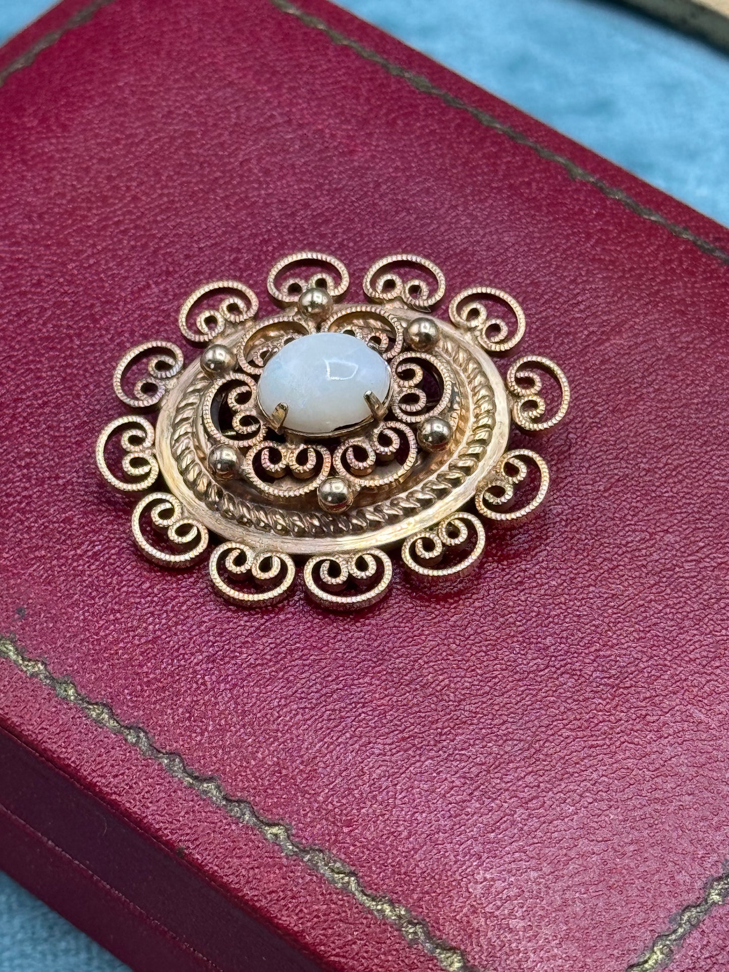 Vintage Winard 12K GF Etruscan Revival Brooch White Cabochon Filigree Pin