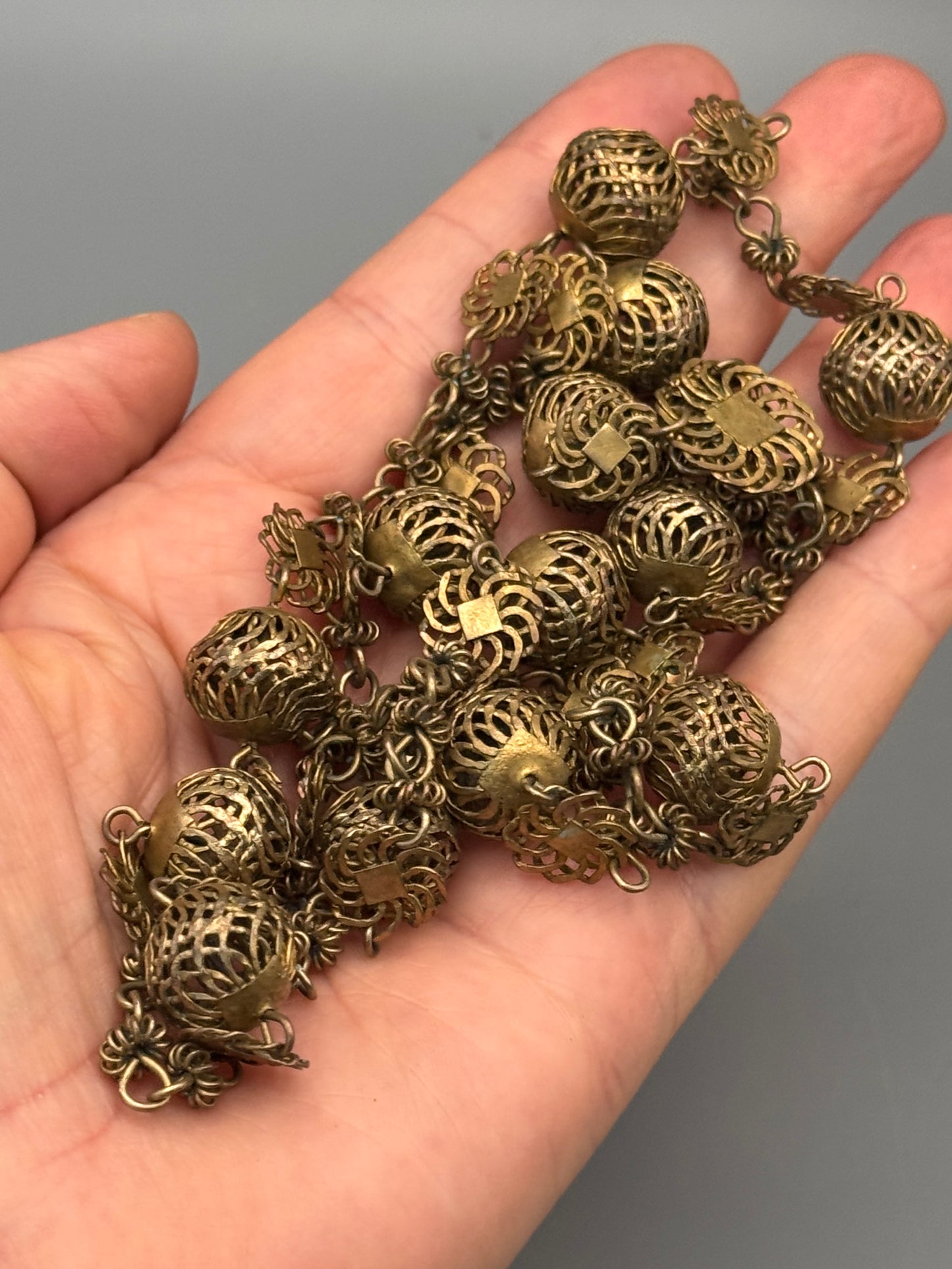 Vintage Necklace Long Brass Tone Filigree Bead Chain Endless 36”