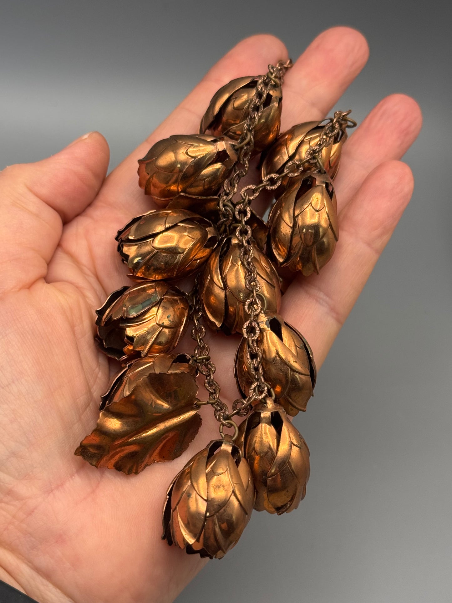 Vintage Copper Tone Floral Necklace Tulip Charm Statement 16”