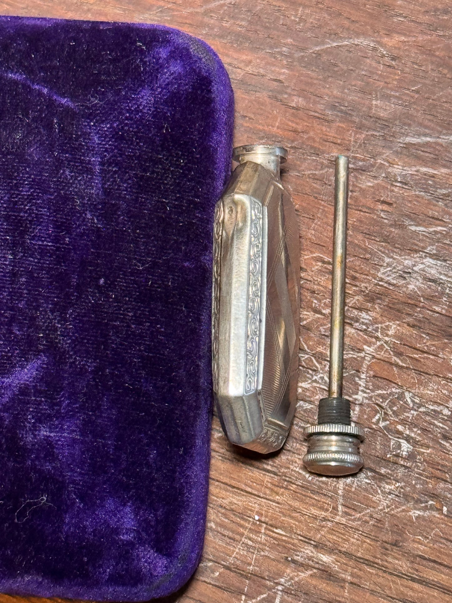 800 Silver Perfume Bottle Art Deco Engine Turned 2.25” Antique