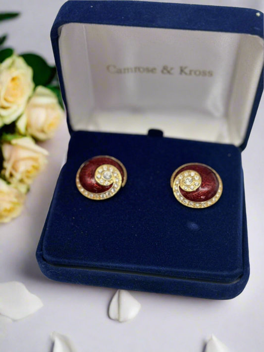 Camrose & Kross JBK Red Clear Rhinestone Gold-Tone Clip On Earrings in BOX