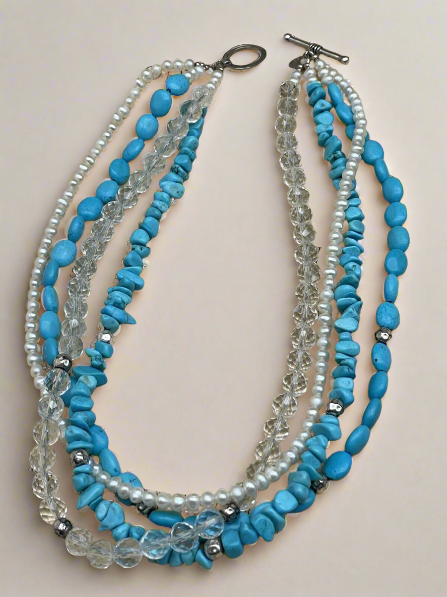 Signed “Turquoise” Color Stones Pearl & Crystal 925 Sterling Necklace