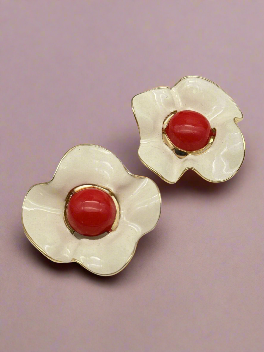 Vintage Enameled Clip On Earrings Flower Cream & Red Estate Find