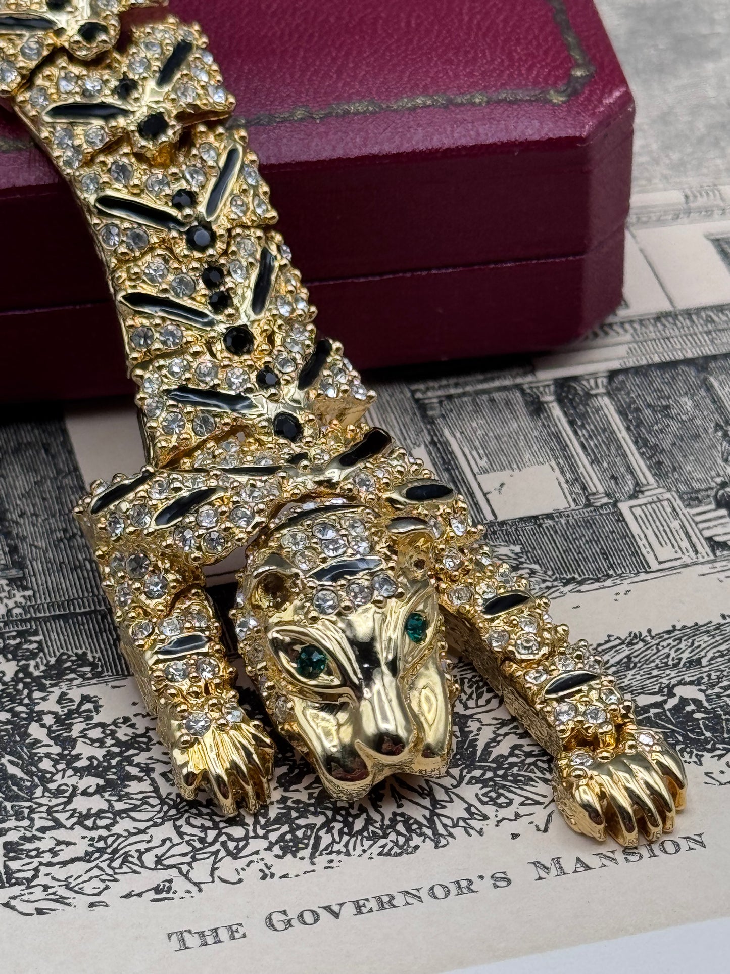 Vintage Articulated Shoulder Brooch Goldtone Tiger Leopard Rhinestone Cat 7.5”