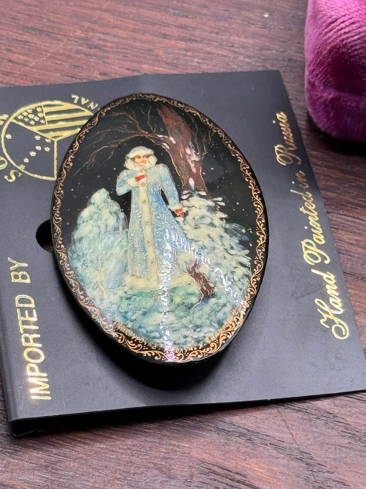 Vintage Brooch Russian Hand Painted Lacquer Winter Scene SOVAK 2.5” x 1.5”