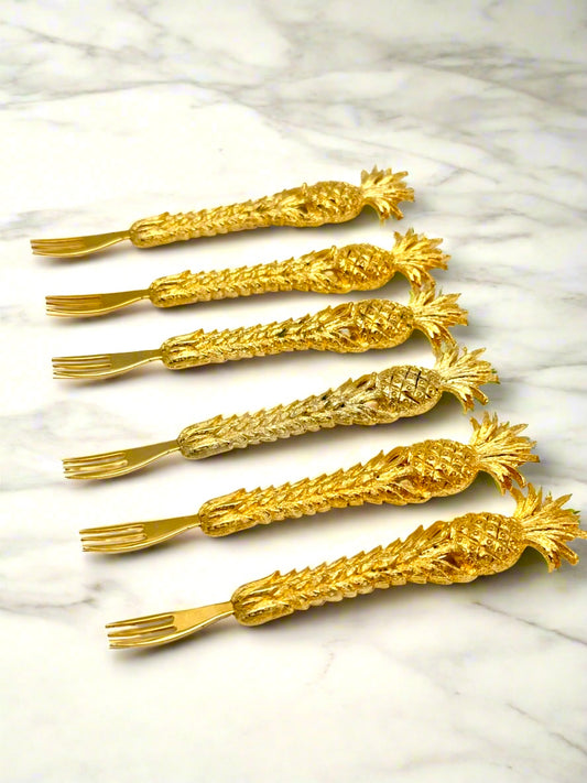 Vintage Canapé Fork Set 24kt Gold Plated Janis Collection 6 Pineapple Design