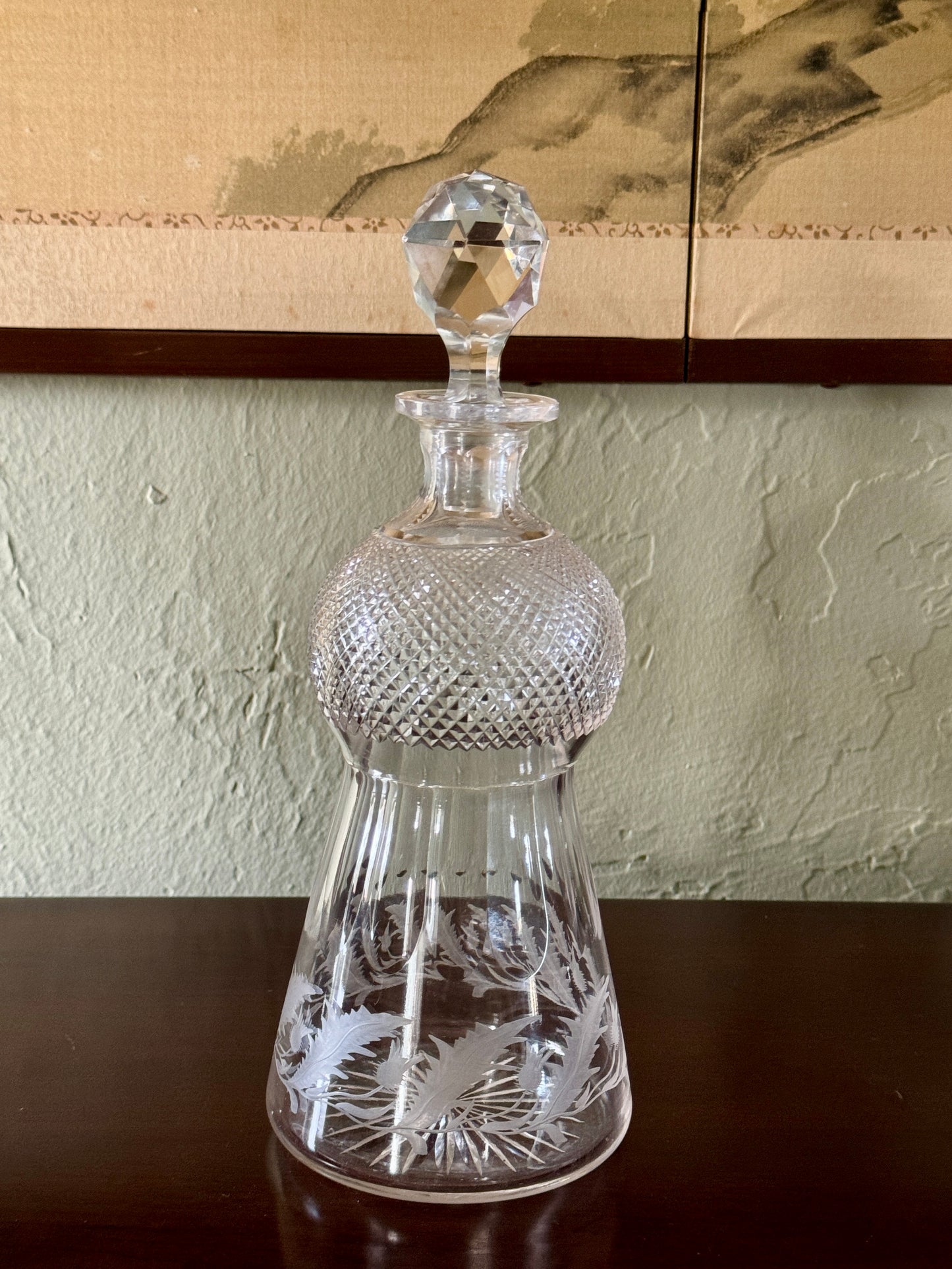 Vintage SCOTTISH THISTLE Decanter With Stopper Chrystal 11.5”h