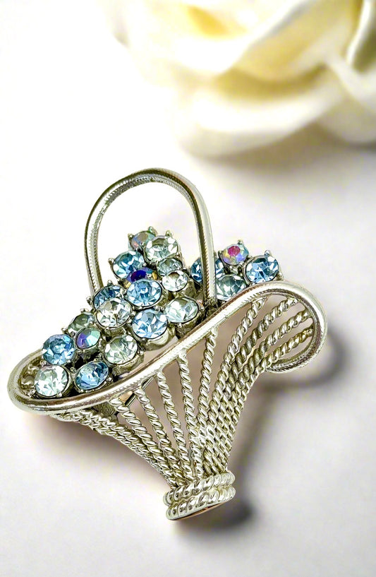 Rhinestone Brooch Coro Signed Ice Blue AB Flower Basket Rhodium Plated VINTAGE