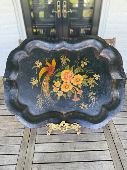 Antique 19th Century Tole Tray Hand Painted Bird Flowers 29”x 21” ESTATE FIND