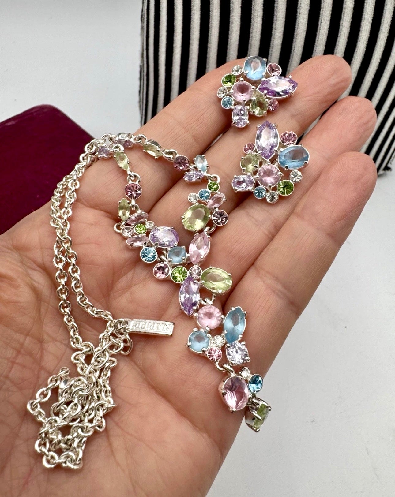 Vintage Napier Pastel Rhinestone Necklace Earrings Set Clip Screw Back Signed