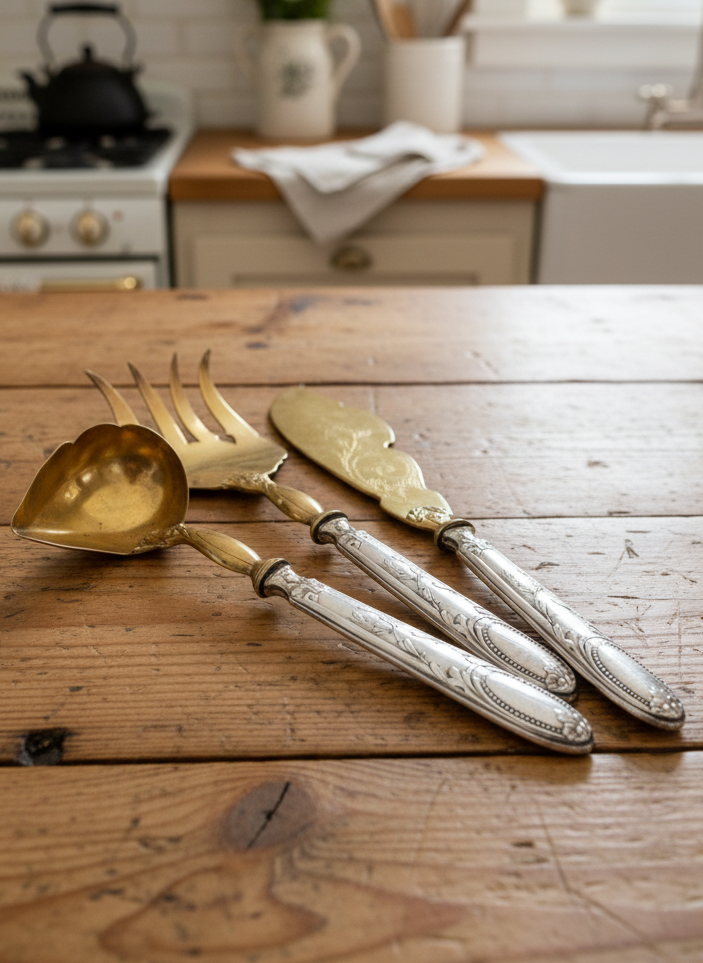 Antique 800 FRENCH Silver & Vermeil Serving Set – Ornate European Flatware