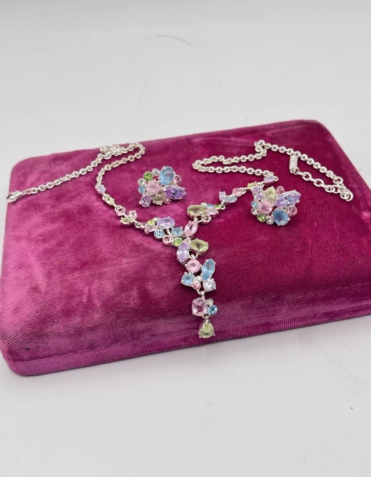 Vintage Napier Pastel Rhinestone Necklace Earrings Set Clip Screw Back Signed