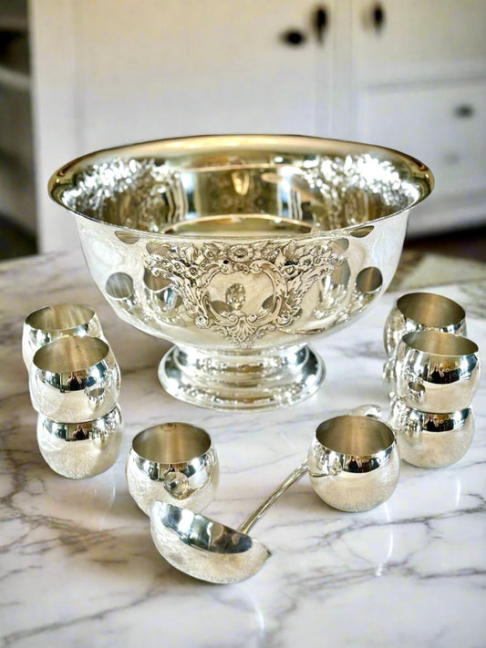 Vintage Silverplate Punch Bowl Set Ladle 10 Cups Repousse Floral Design LEONARD