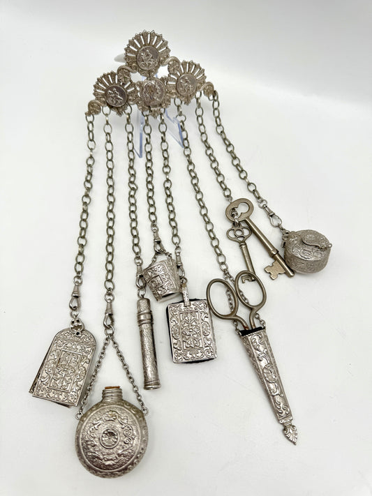 Antique Victorian Style 8 Arm Sewing Chatelaine SILVER TONE Classical Roman Coin Head Horses, Notebook, Bottle,Pen Holder, Thimble Bucket, Scissors Case, Keys, Tape Measure Case