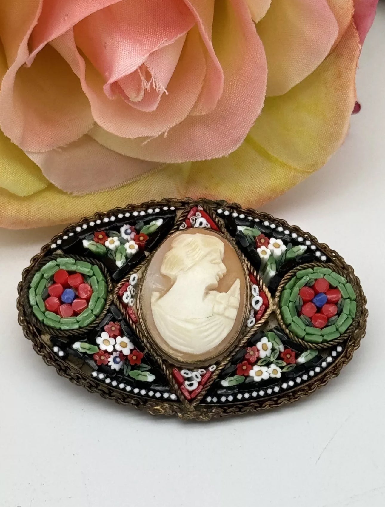 Antique Cameo Micro Mosaic Brooch Oval Estate Find Made In Italy