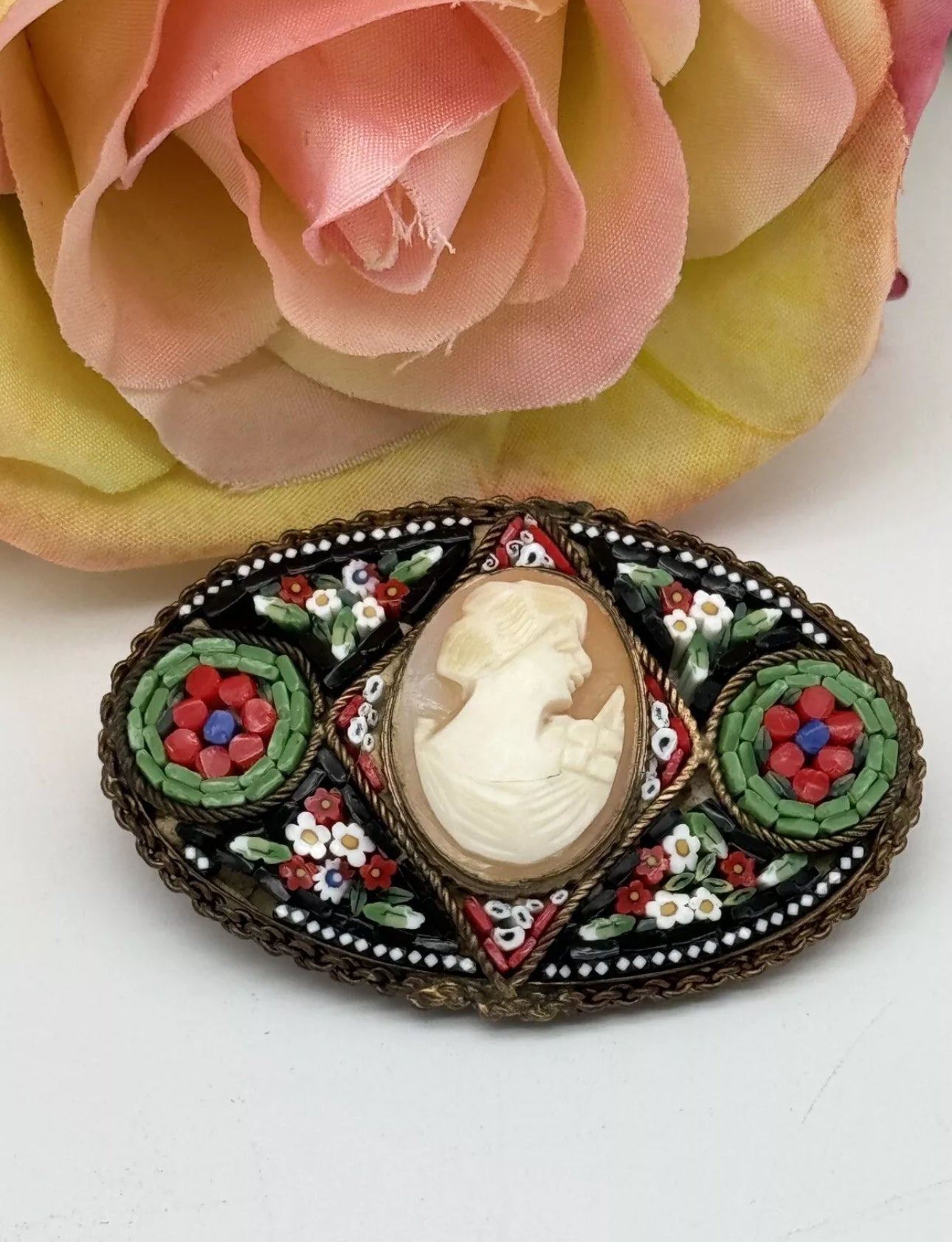 Antique Cameo Micro Mosaic Brooch Oval Estate Find Made In Italy