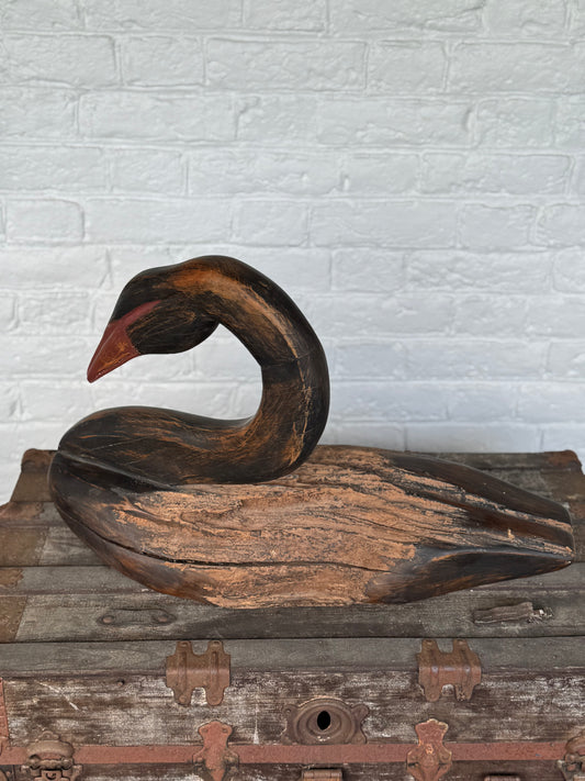 Vintage Hand Carved Wooden Black Swan Sculpture Large 26” Rustic Estate Find