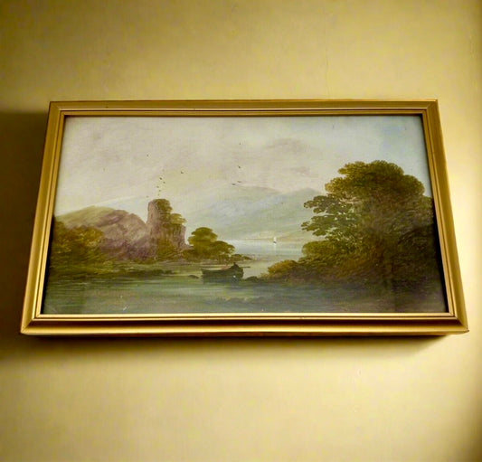 Vintage Small Oil Landscape On Board Framed Behind Glass Circa 12” X 7.5”