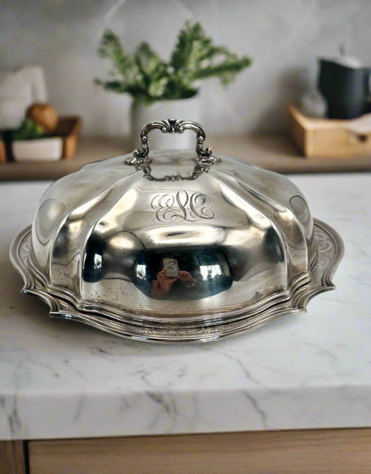 Vintage Reed & Barton Silverplate Dome Serving Dish w/ Tray Monogrammed