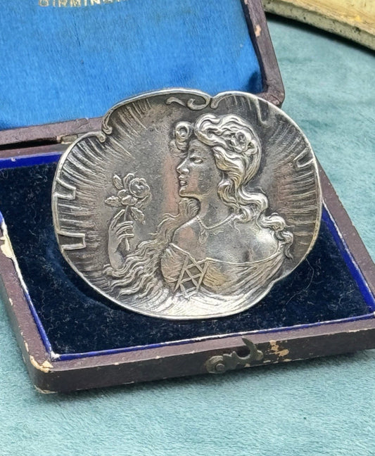 Antique Brooch Art Nouveau Solid Silver Lady Rose Repousse C1900 1.75 x 2 Pin