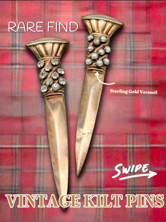 Vintage Kilt Pin Set STERLING Vermeil Broad Sword Design Adorned RARE SET
