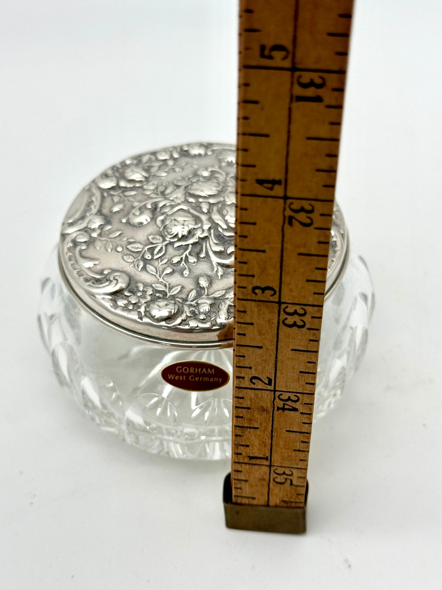 Vintage Powder Jar GORHAM West Germany Cut Crystal Silver Plate Lid W/Rose Repousse