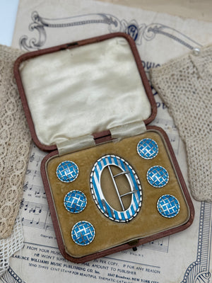 Antique 1907 Sterling Silver & Cerulean Blue Guilloché Enamel Buckle and 6 Button Set – Levi & Salaman, Birmingham in Original Case