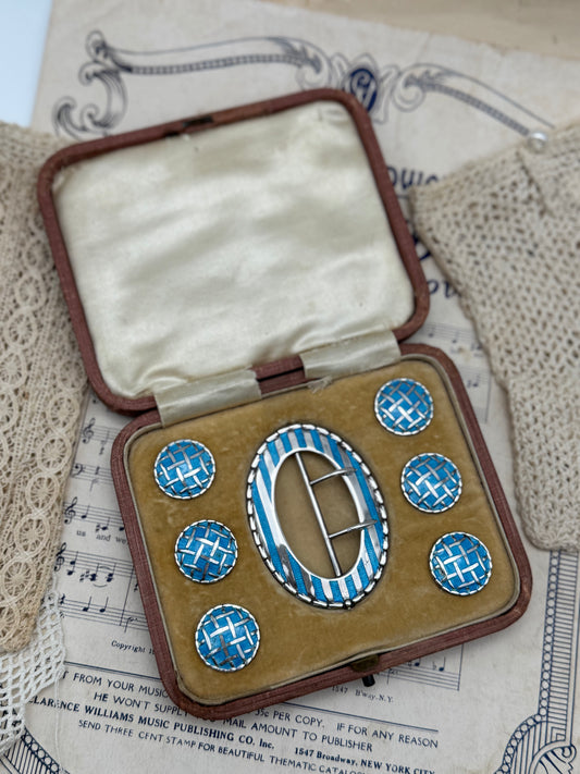 Antique 1907 Sterling Silver & Cerulean Blue Guilloché Enamel Buckle and 6 Button Set – Levi & Salaman, Birmingham in Original Case