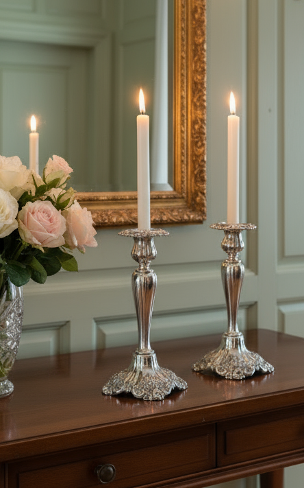 Pair Wallace Silverplate Candlesticks 10” Ornate Baroque Vintage OLD Substantial QUALITY