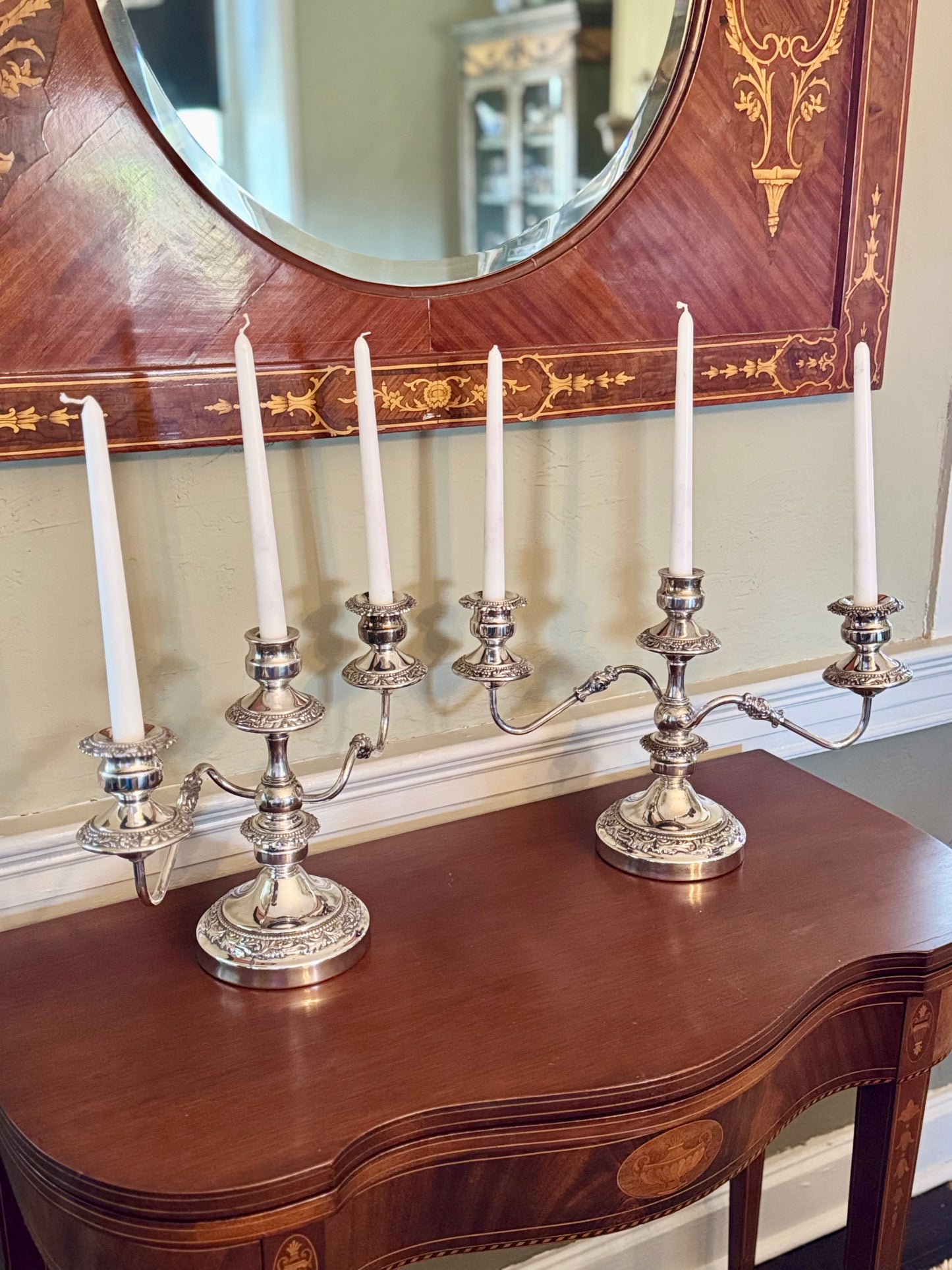 Pair of Vintage Silver Plate Convertible 3/5 Light Topper Candelabra – 6 Display Combinations
