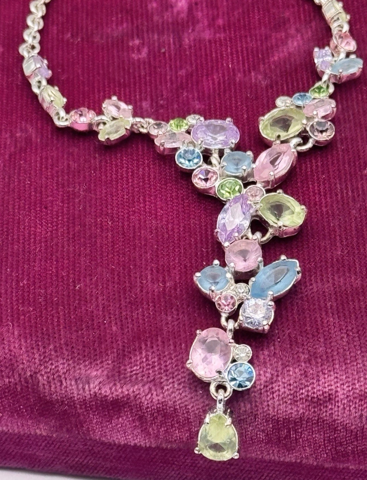 Vintage Napier Pastel Rhinestone Necklace Earrings Set Clip Screw Back Signed