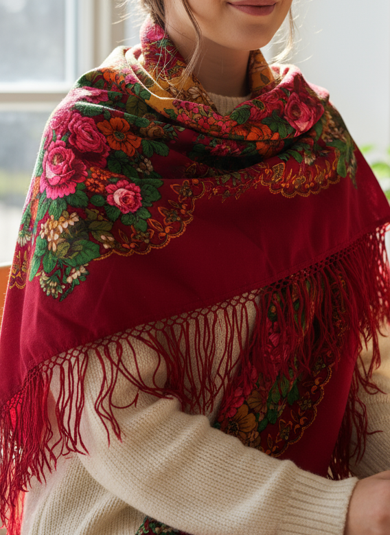 1980s XL Wool Fringed Floral Scarf – Burgundy with Pink Roses