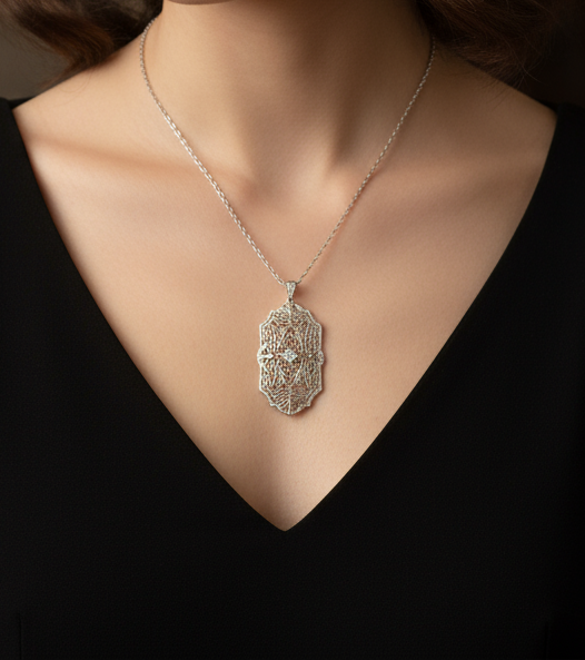 14K White Gold Art Deco Style Diamond Pendant Necklace – Appraisal Conveys with Purchase