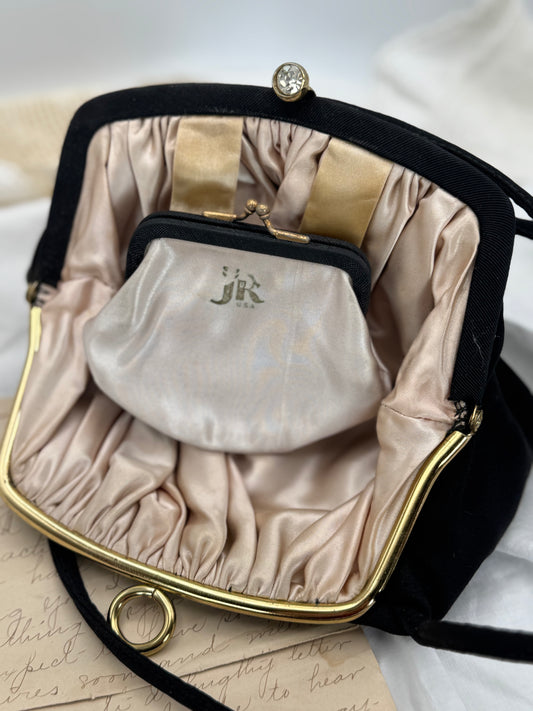 Vintage 1940s 1950s JR Black Cloth Evening Bag with Rhinestone Clasp